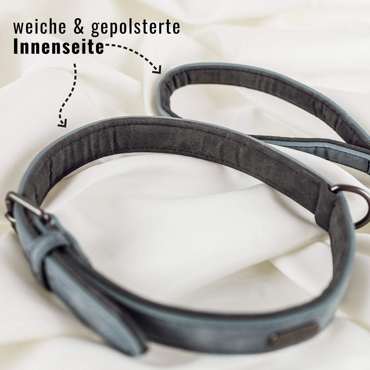 Hundehalsband- & Leinen-Set – Veganes Leder Blaugrau & Anthrazitgrau