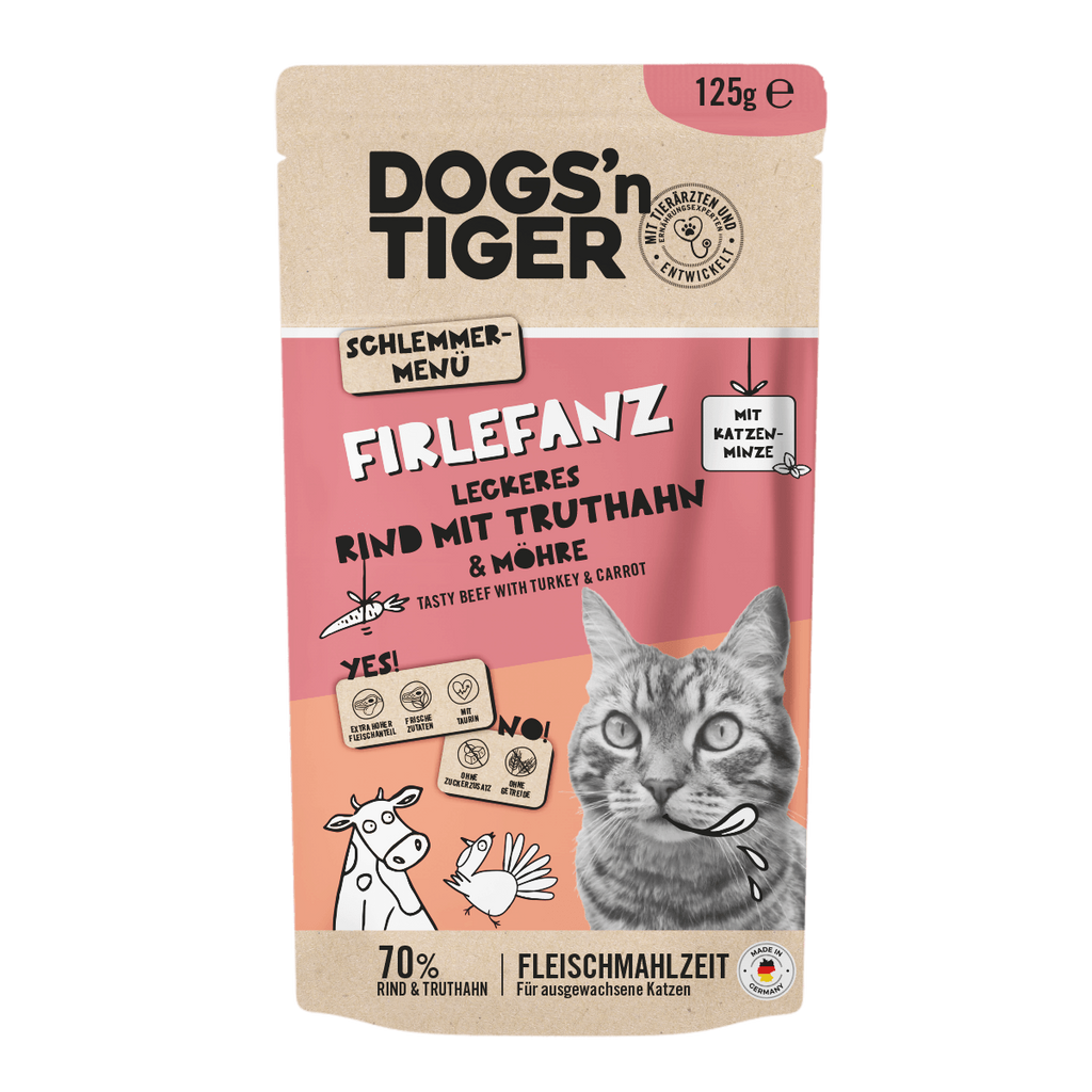 Adult Katzenfutter, Firlefanz, Nassfutter für Katzen, Getreidefrei, Rind mit Truthahn & Karotte