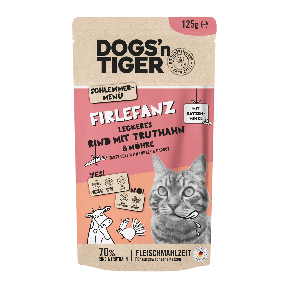 Adult Katzenfutter, Firlefanz, Nassfutter für Katzen, Getreidefrei, Rind mit Truthahn & Karotte