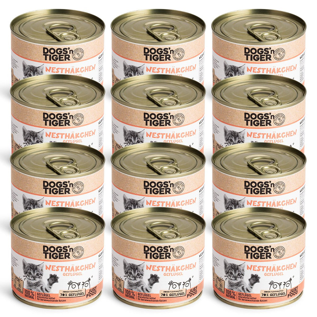 Dogs’n Tiger Junior, Kitten Premium Katzenfutter, Nassfutter, Getreidefrei, Nesthäkchen, Geflügel, Algenkalk & Löwenzahn