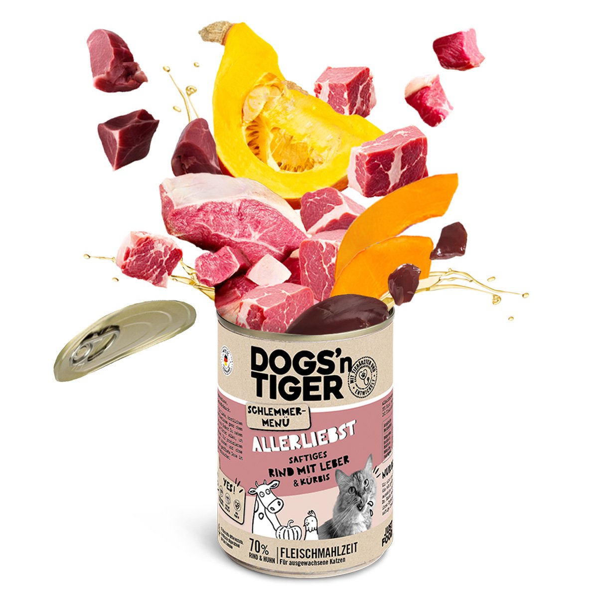 Dogs’n Tiger Adult Katzenfutter, Allerliebst, Nassfutter, Getreidefrei, Rind, Hühnerleber & Kürbis