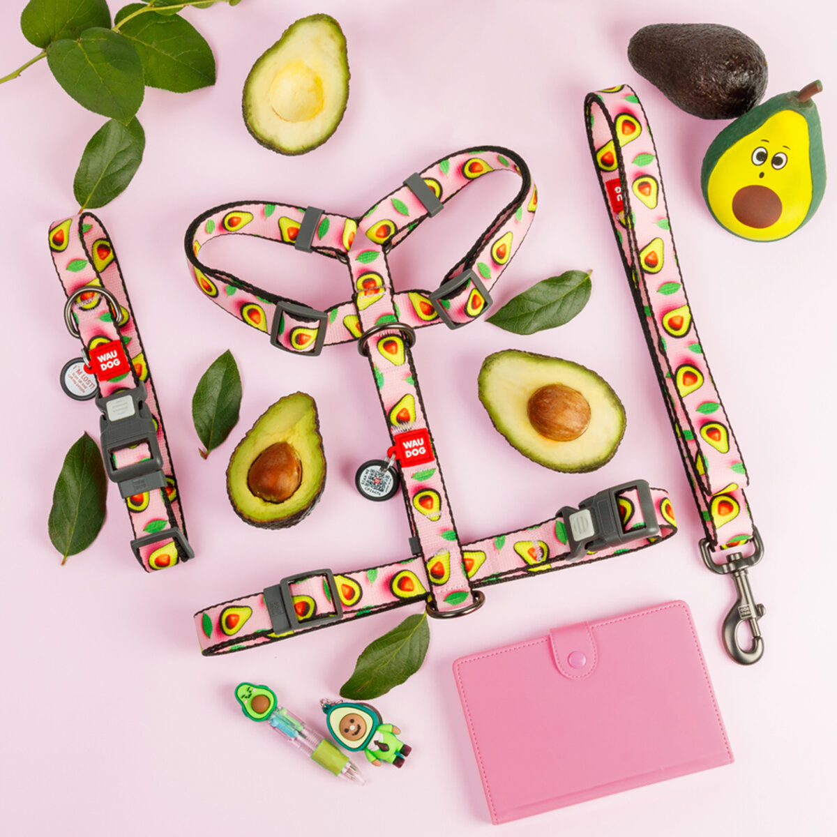 WAUDOG Nylon Dog Collar with QR Passport - Avocado on pink