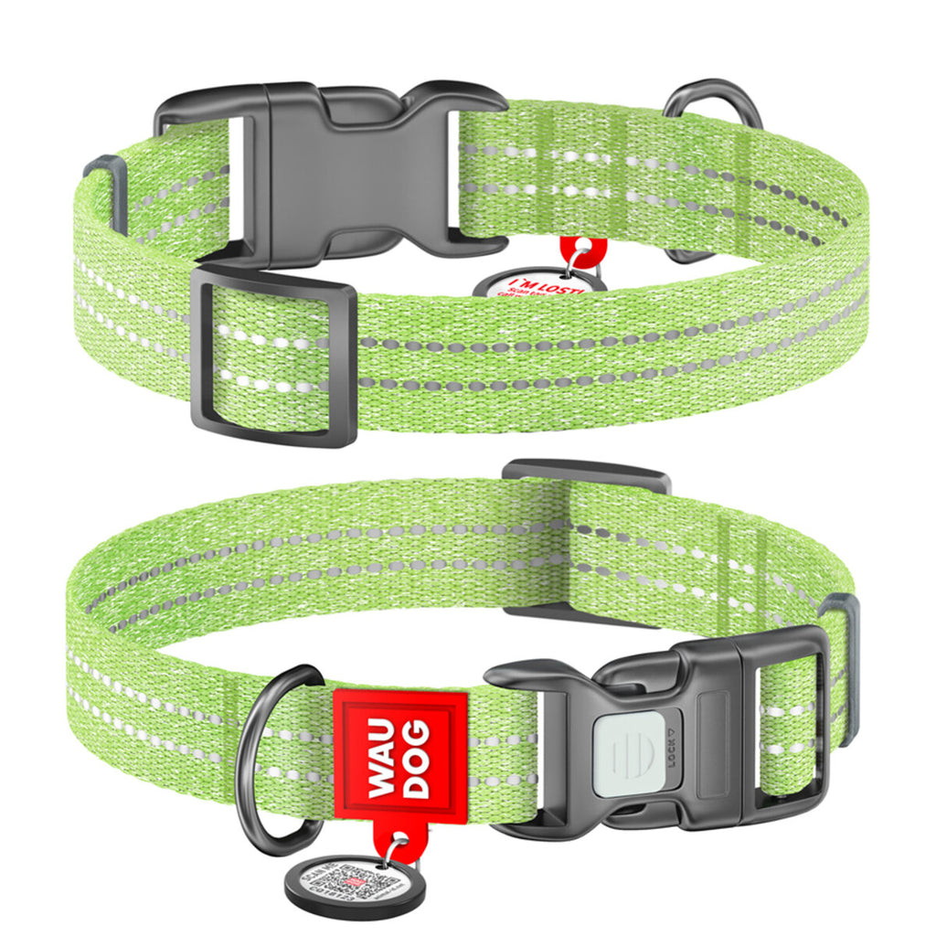 WAUDOG Re-cotton Reflective Dog Collar with QR Passport - Light green