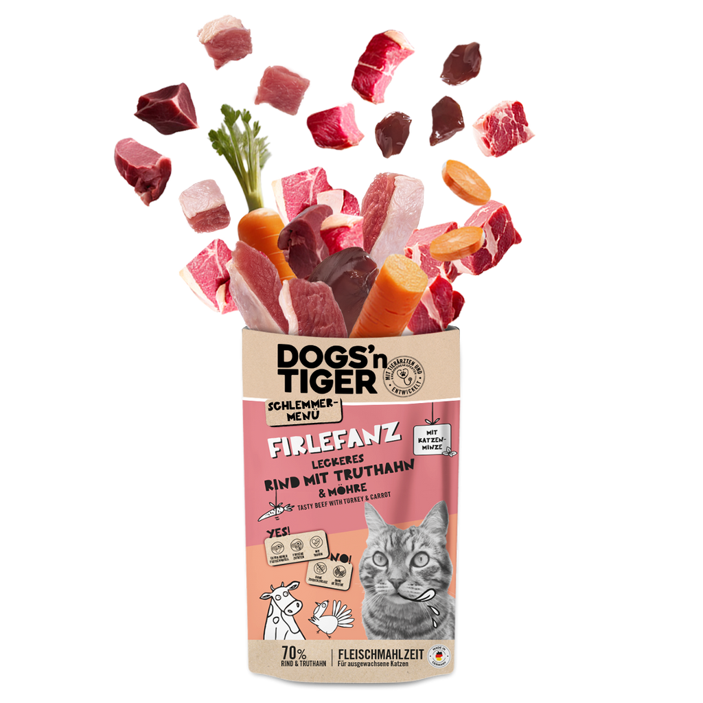 Adult Katzenfutter, Firlefanz, Nassfutter für Katzen, Getreidefrei, Rind mit Truthahn & Karotte