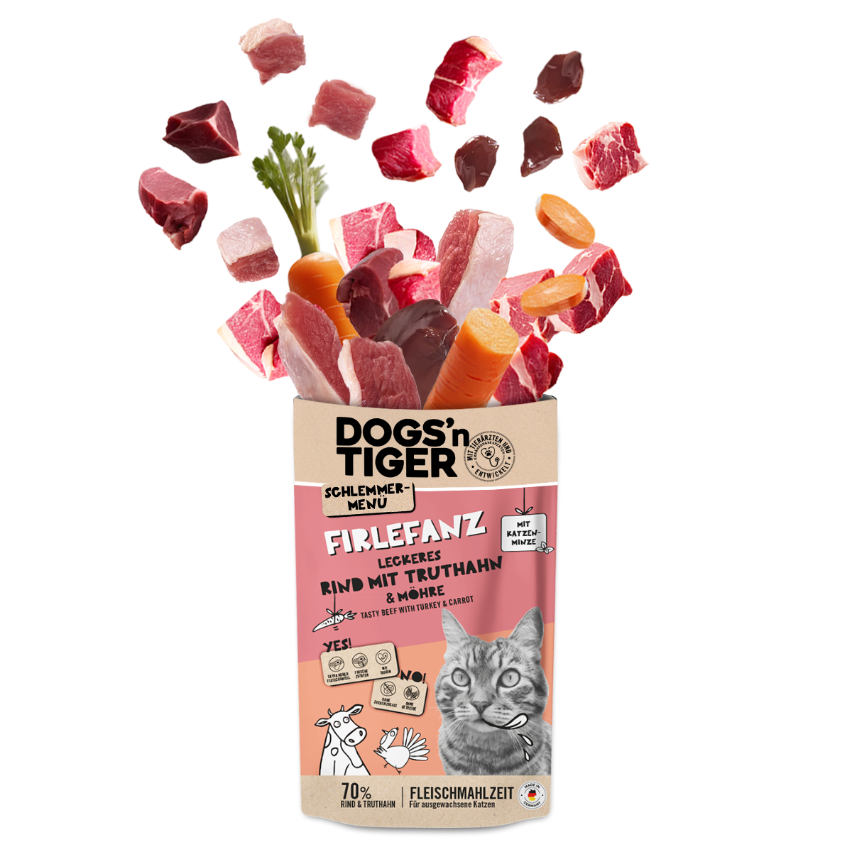 Adult Katzenfutter, Firlefanz, Nassfutter für Katzen, Getreidefrei, Rind mit Truthahn & Karotte