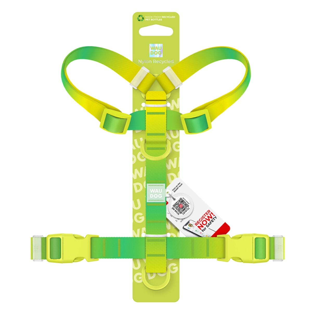 WAUDOG Nylon Recycled Dog H-Harness with QR Passport - Gradient - Light green