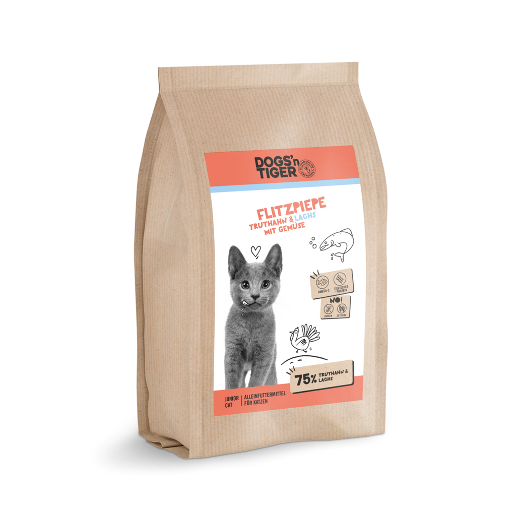 Dogs’n Tiger Junior Premium Katzenfutter, Flitzpiepe, Kitten Trockenfutter, Getreidefrei, Lachs & Truthahn
