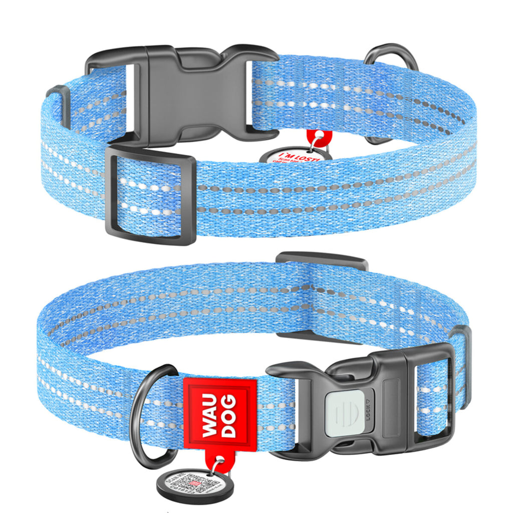 WAUDOG Re-cotton Reflective Dog Collar with QR Passport - Blue