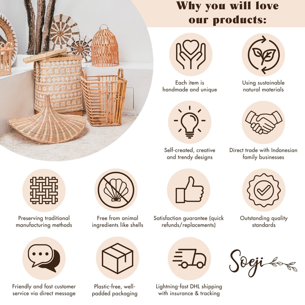 Rattan-Pflanzenständer AKARA rund | Boho Blumenständer | Pflanzkorb mit Füßen | handgefertigt aus Natur-Rattan