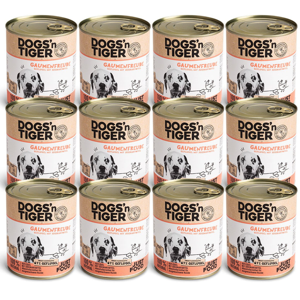 Dogs’n Tiger Adult Premium Hundefutter, Nassfutter, Getreidefrei, Gaumenfreude, Geflügel & Süßkartoffel