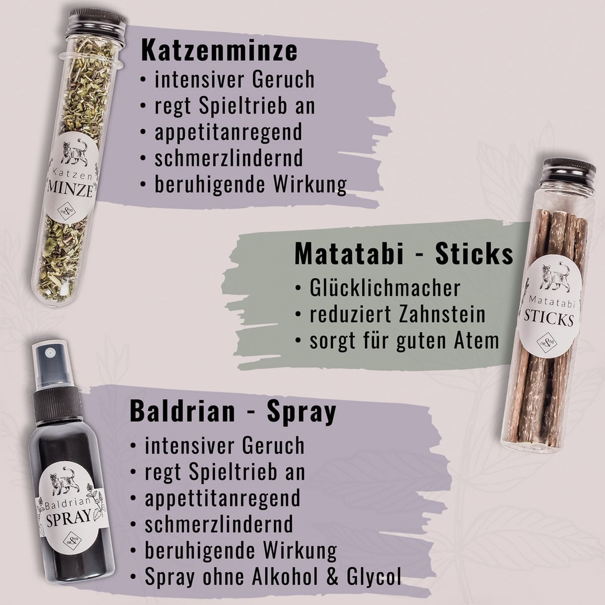 Juego de regalo de bienestar para gatos – Hierba gatera, spray de valeriana y palitos de matatabi