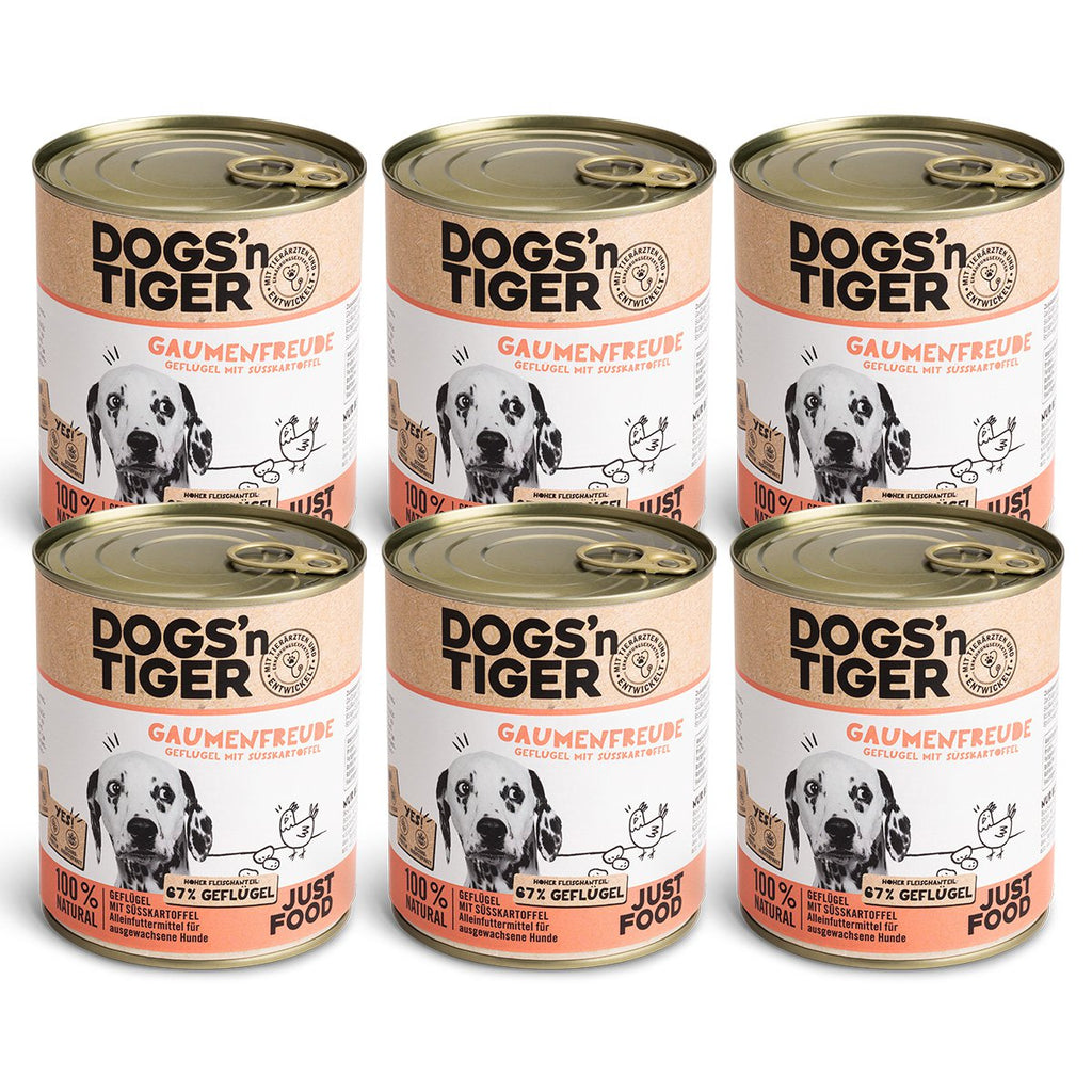 Dogs’n Tiger Adult Premium Hundefutter, Nassfutter, Getreidefrei, Gaumenfreude, Geflügel & Süßkartoffel