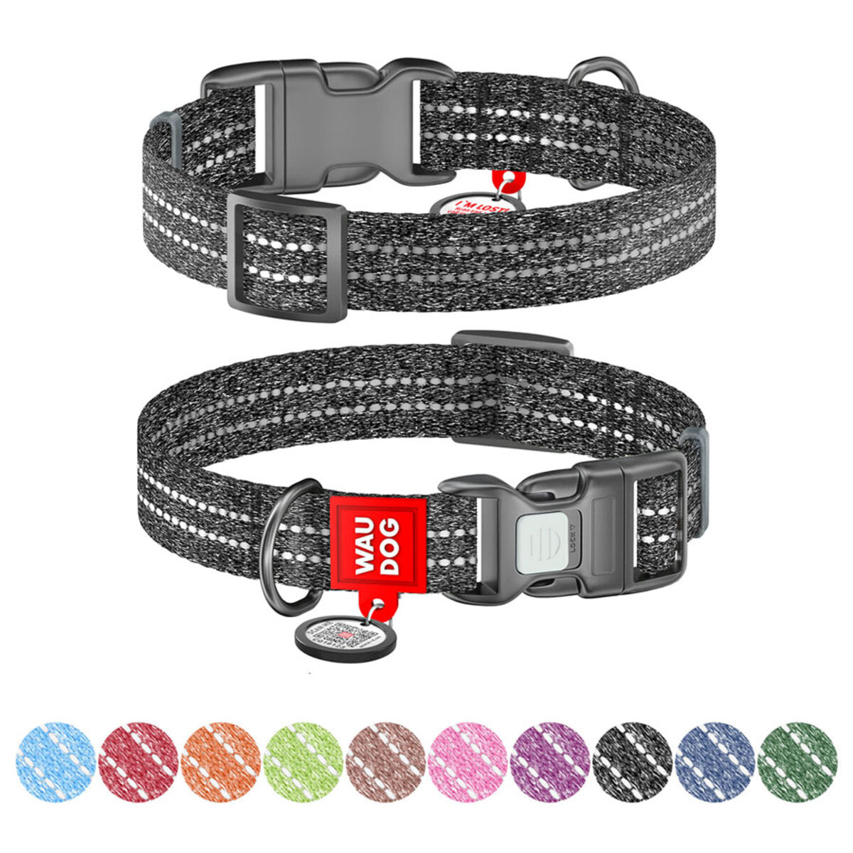 WAUDOG Re-cotton Reflective Dog Collar with QR Passport - Grey