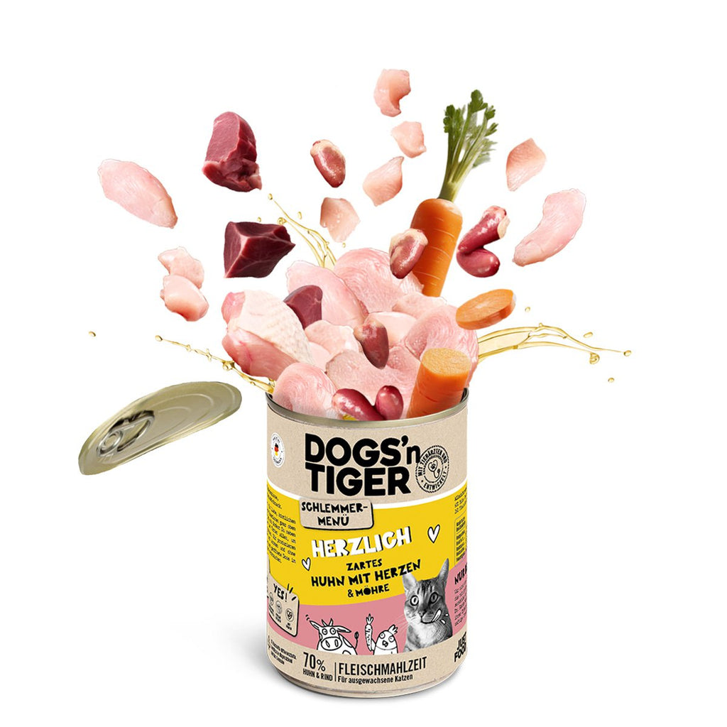 Dogs’n Tiger Adult, Katzenfutter, Herzlich, Katzen Nassfutter, Getreidefrei, Huhn, Rinderherzen & Karotte