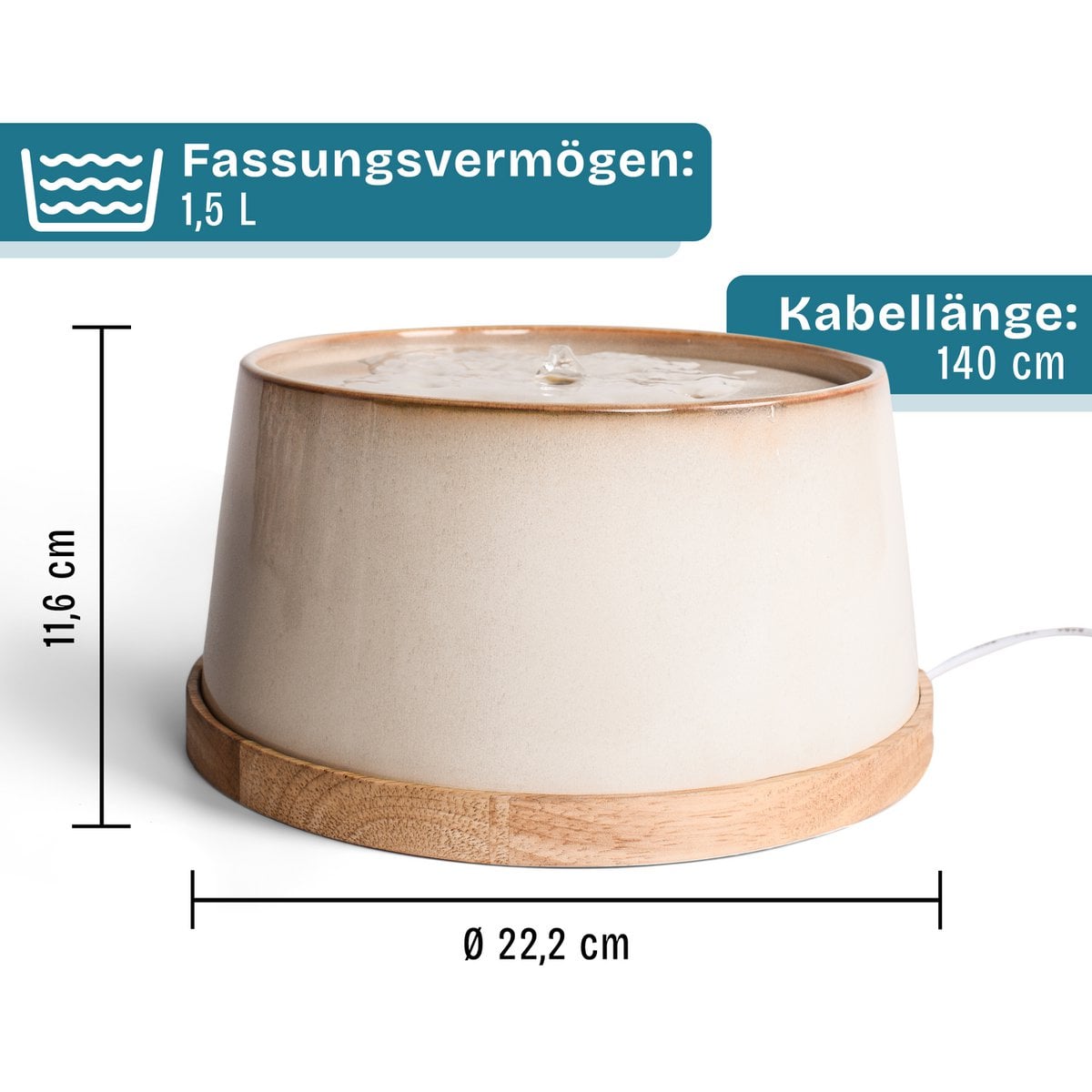 Ceramic drinking fountain for cats i bamboo base i induction