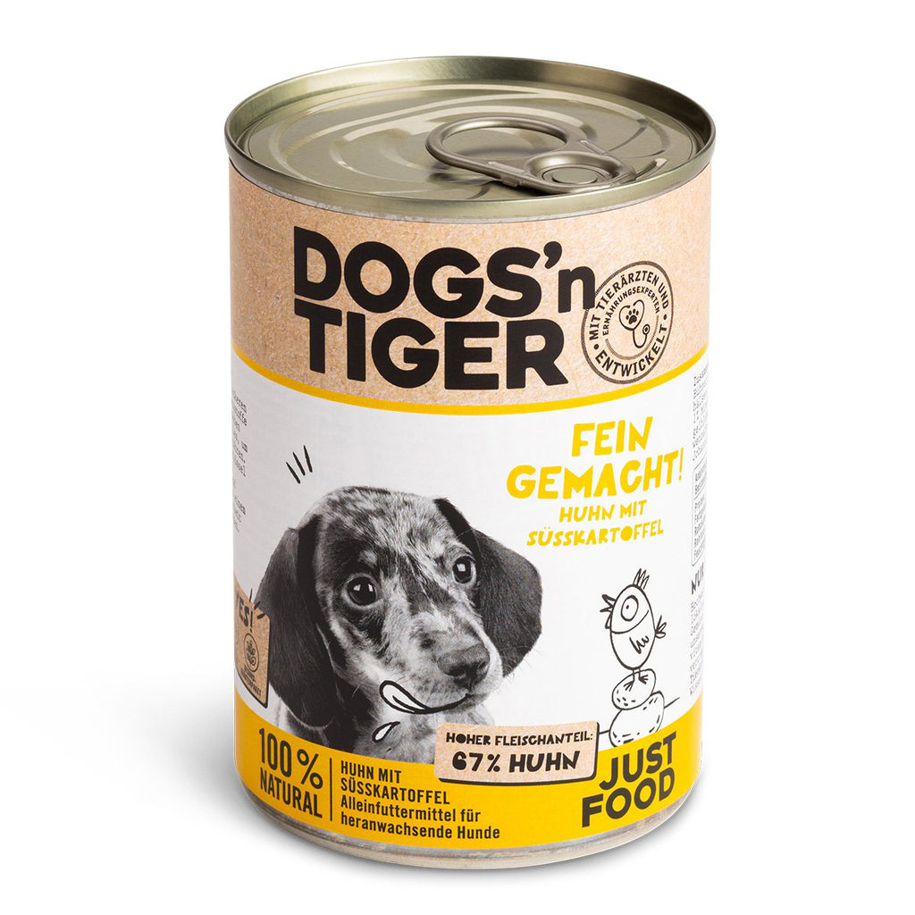 Dogs’n Tiger Junior, Welpen Premium Hundefutter, Nassfutter, Getreidefrei, Fein Gemacht, Huhn & Süßkartoffel