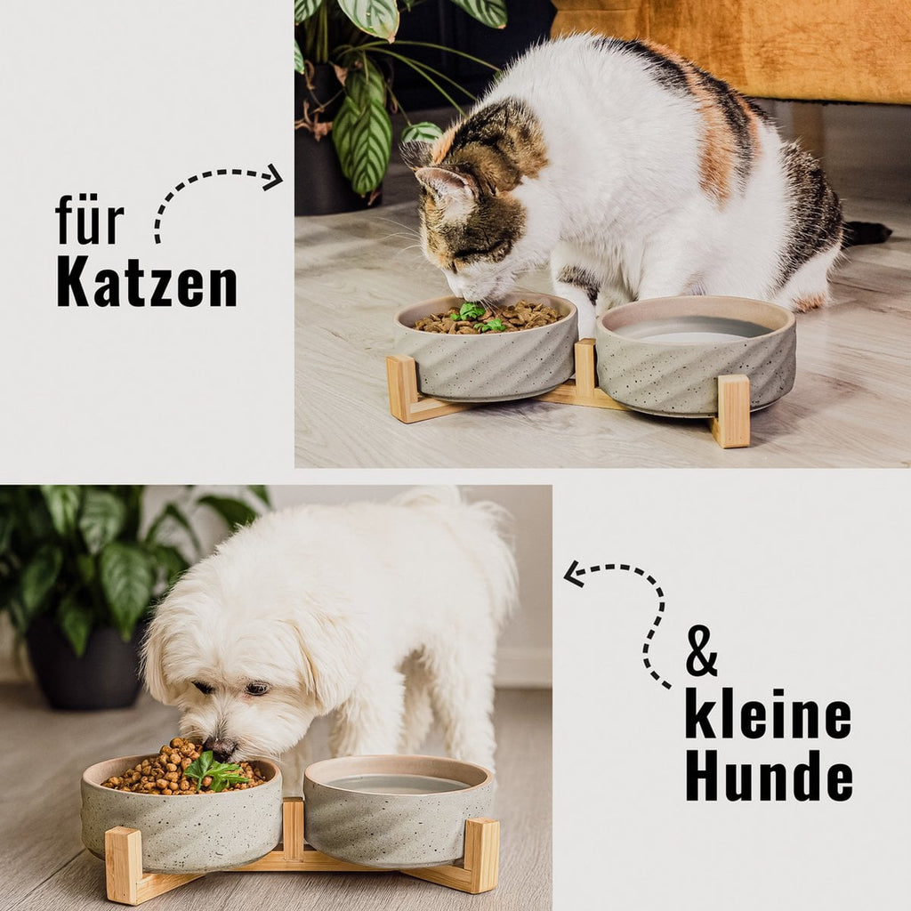 Ceramic double -food bowl with bamboo tap i 2er