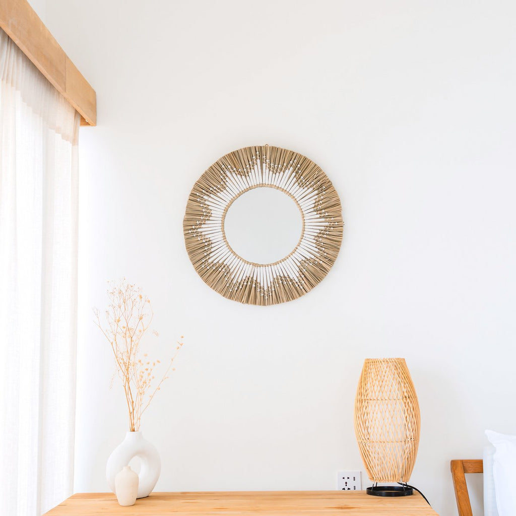 Espejo de pared redondo de hierba marina - Espejo colgante boho - Espejo de pared con flecos y patrón de algodón blanco (Ø 60 cm) RANDU