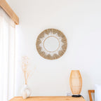 Espejo de pared redondo de hierba marina - Espejo colgante boho - Espejo de pared con flecos y patrón de algodón blanco (Ø 60 cm) RANDU