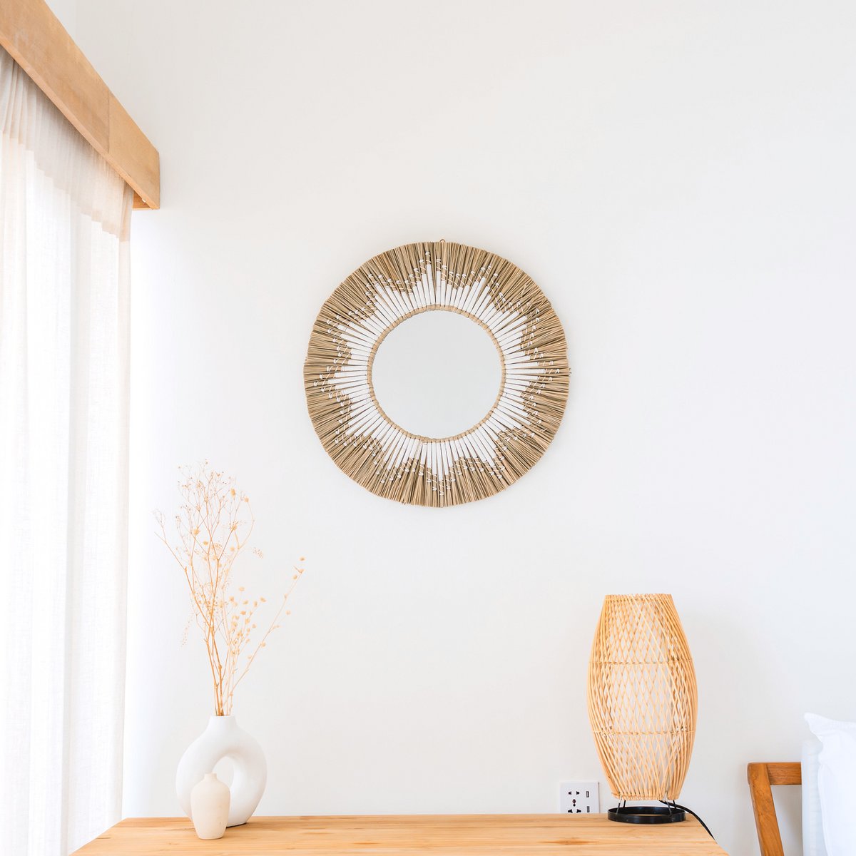 Espejo de pared redondo de hierba marina - Espejo colgante boho - Espejo de pared con flecos y patrón de algodón blanco (Ø 60 cm) RANDU