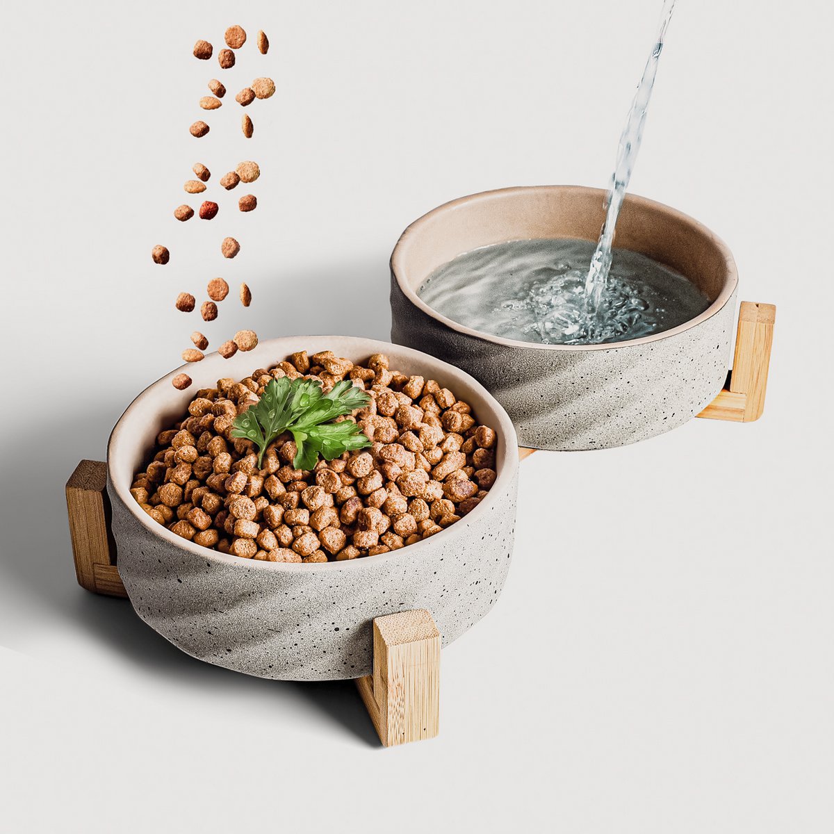 Ceramic double -food bowl with bamboo tap i 2er