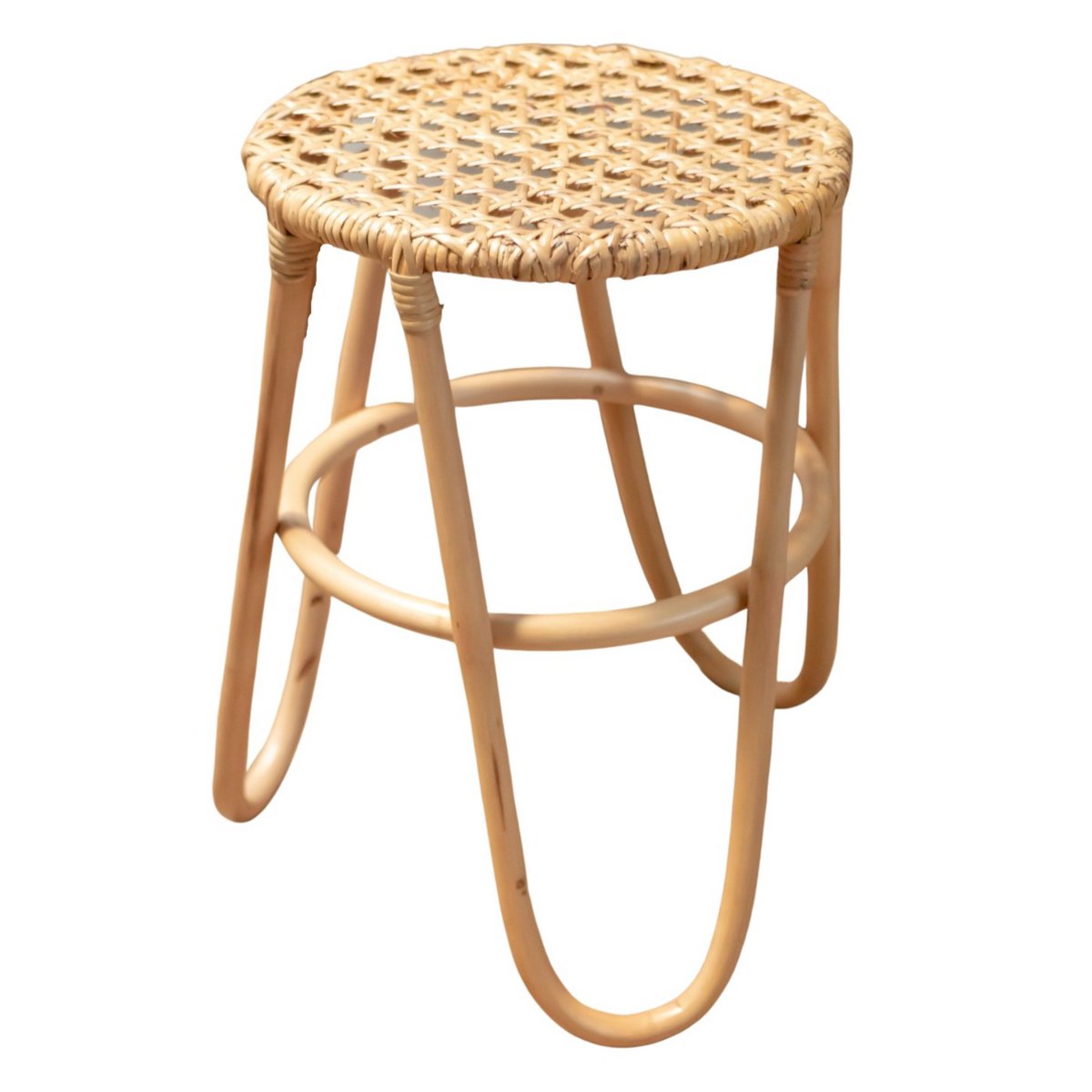 Rattan-Hocker KOLAKA Ø35 cm Natur – handgefertigter Boho-Hocker mit geflochtener Sitzfläche – kleiner Beistellhocker