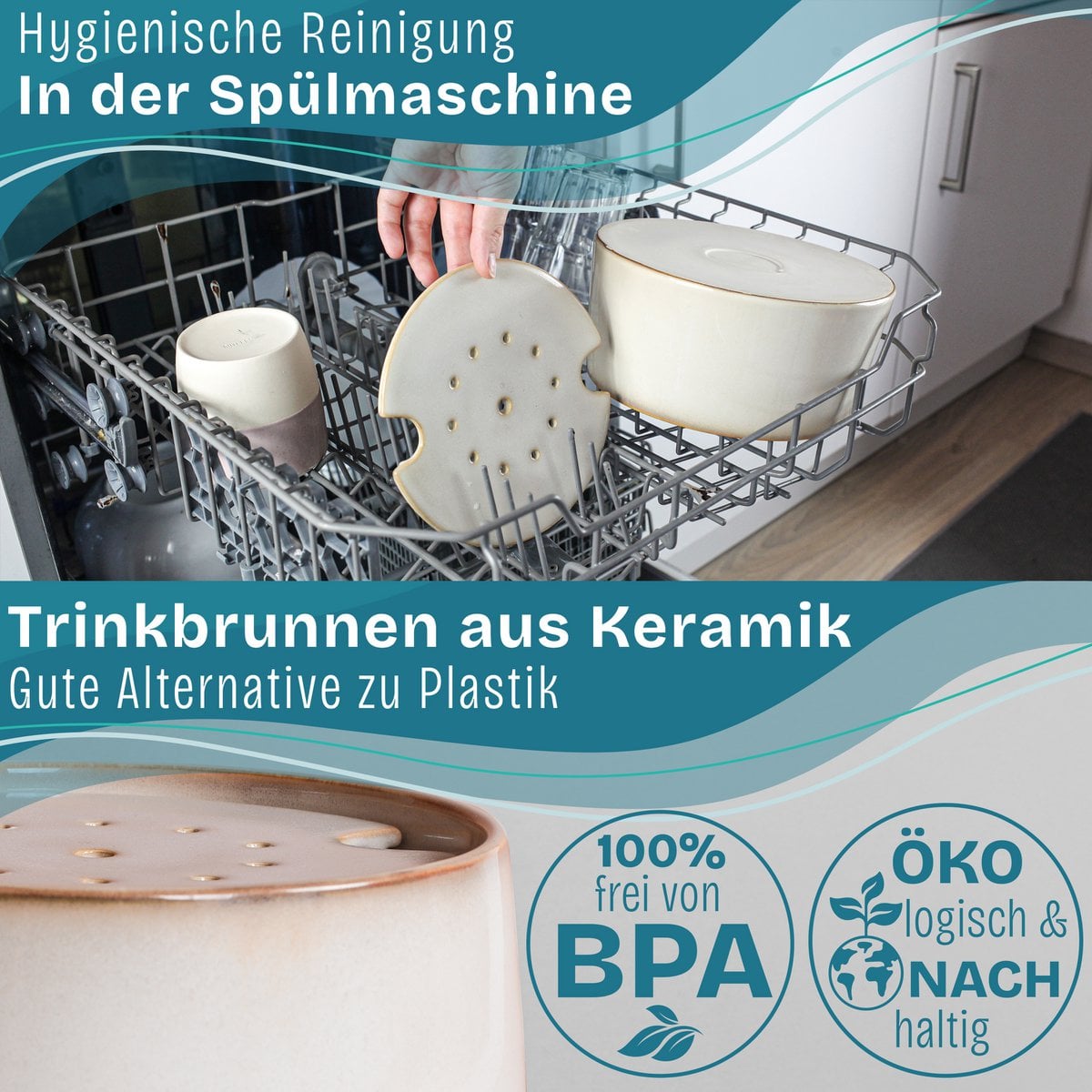 Ceramic drinking fountain for cats i bamboo base i induction