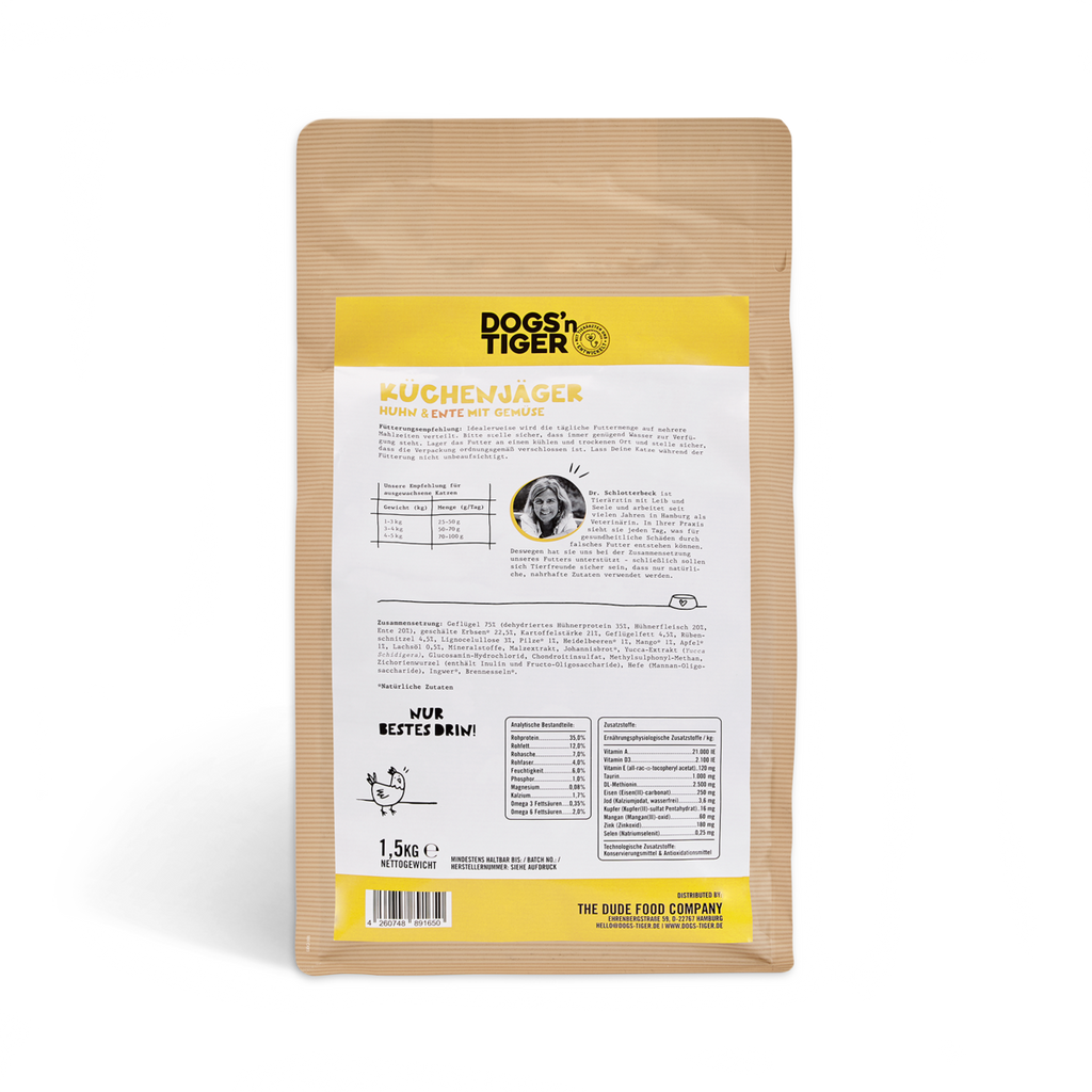 Dogs’n Tiger Adult, Senior Premium Katzenfutter, Trockenfutter, Getreidefrei, Küchenjäger, Huhn & Ente