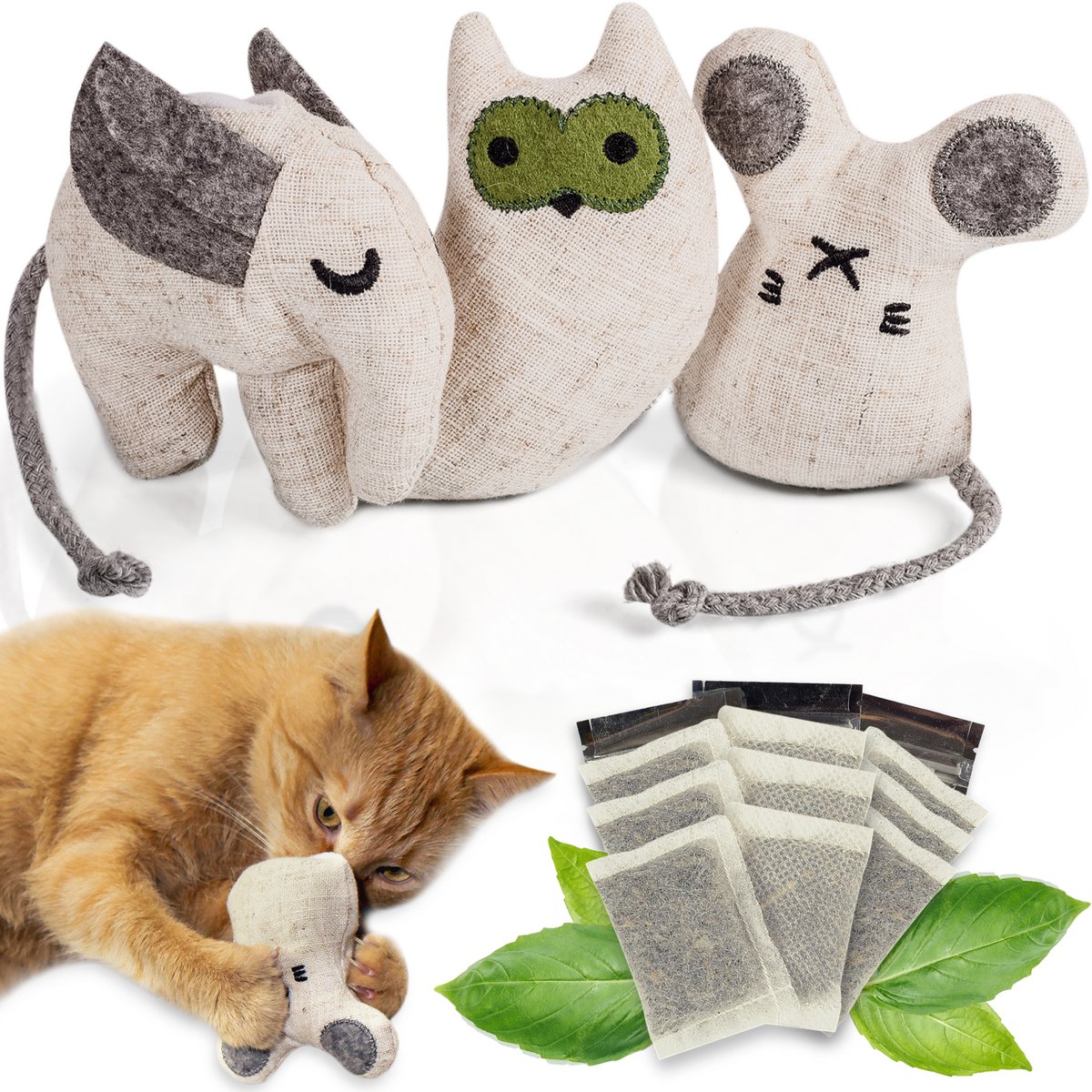 Juguetes para gatos con hierba gatera - Set rellenable (3 juguetes + 9 bolsas de hierba gatera)