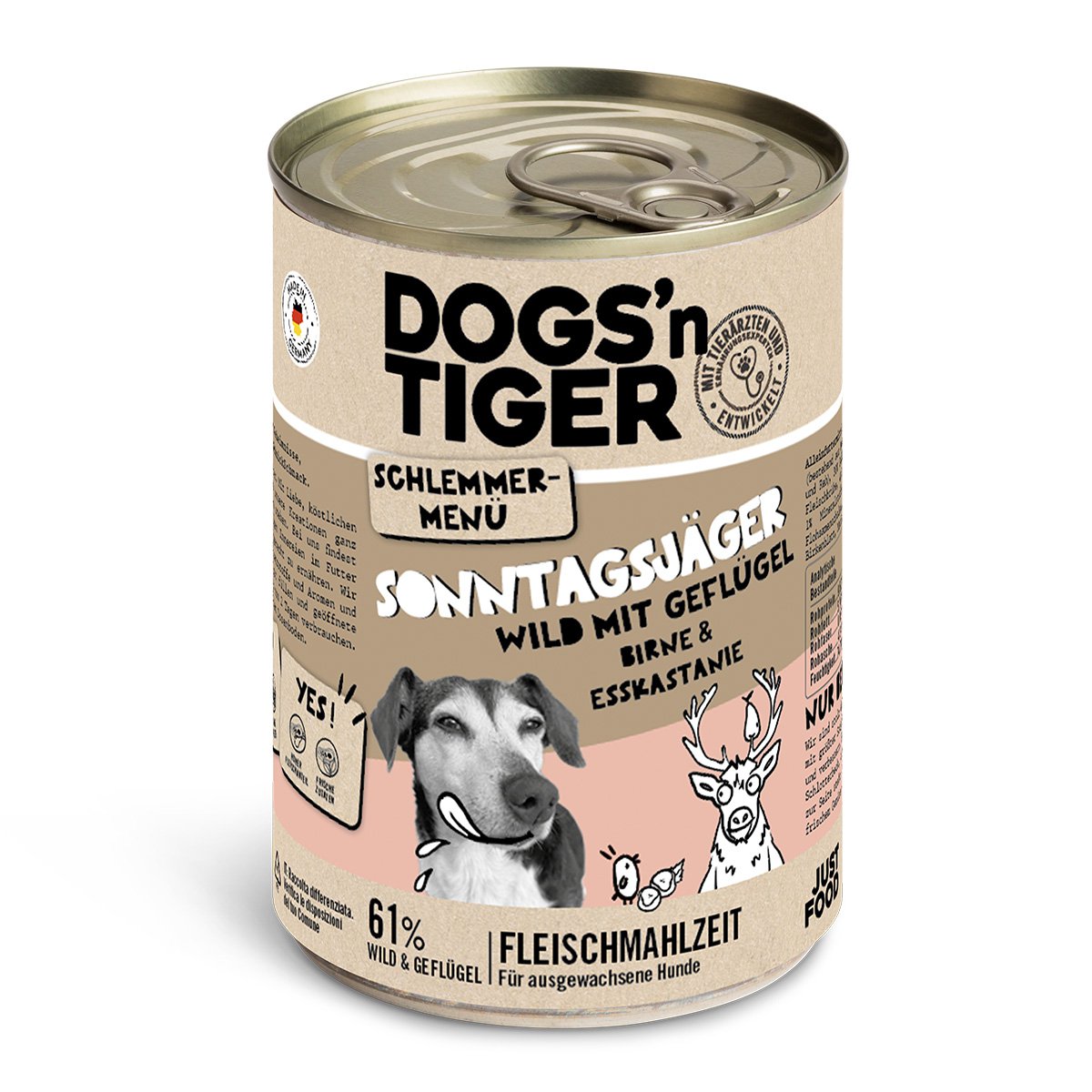 Dogs’n Tiger Adult Hundefutter, Sonntagsjäger, Hunde Nassfutter, Wild, Geflügel, Birne, Hirse & Karotte