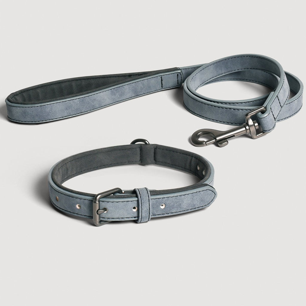 Hundehalsband- & Leinen-Set – Veganes Leder Blaugrau & Anthrazitgrau