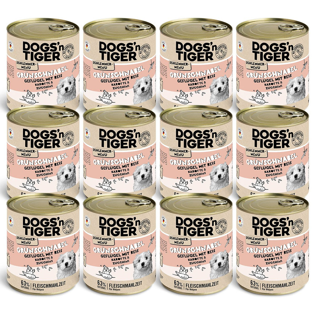 Dogs’n Tiger Junior, Hundefutter, Grünschnabel, Hunde Nassfutter, Welpen Futter, Geflügel, Getreidefrei, Naturreis, Karotte & Zucchini