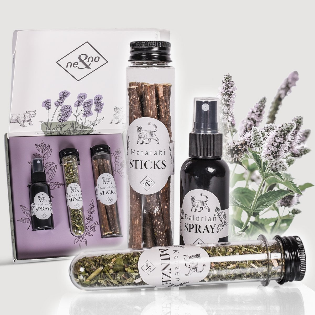 Juego de regalo de bienestar para gatos – Hierba gatera, spray de valeriana y palitos de matatabi