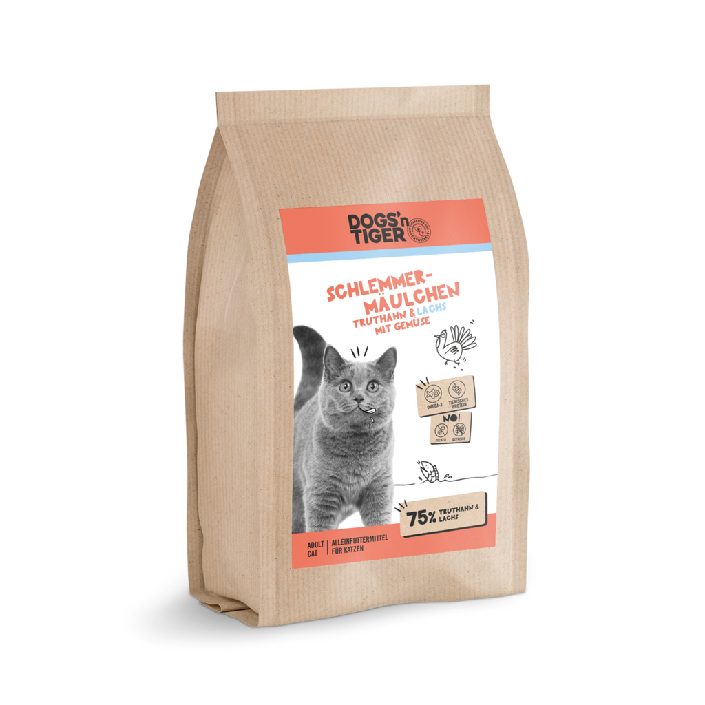 Dogs’n Tiger Adult Premium Katzenfutter, Trockenfutter, Getreidefrei, Schlemmermäulchen, Truthahn & Lachs