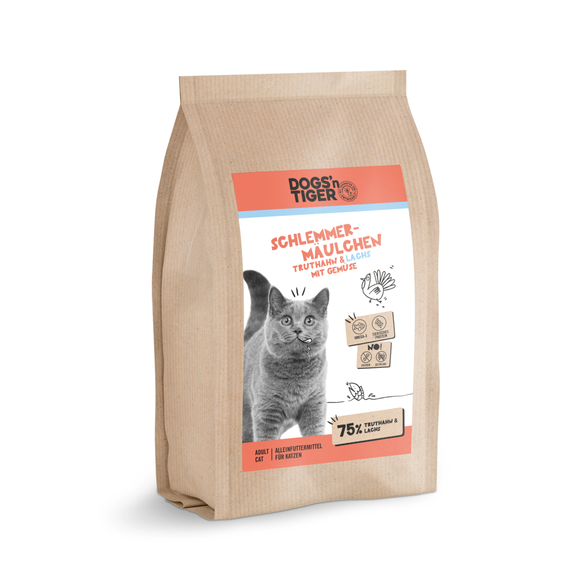 Dogs’n Tiger Adult Premium Katzenfutter, Trockenfutter, Getreidefrei, Schlemmermäulchen, Truthahn & Lachs