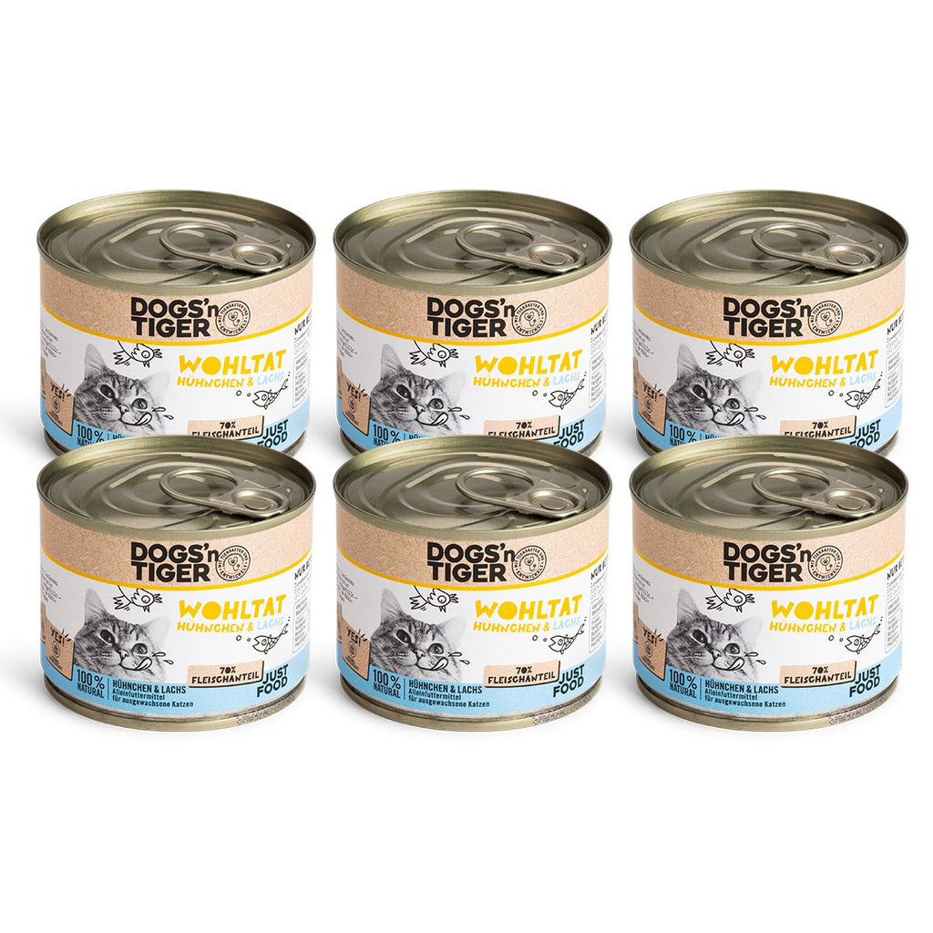 Dogs’n Tiger Adult Premium Katzenfutter, Wohltat, Nassfutter, Getreidefrei, Huhn & Lachs