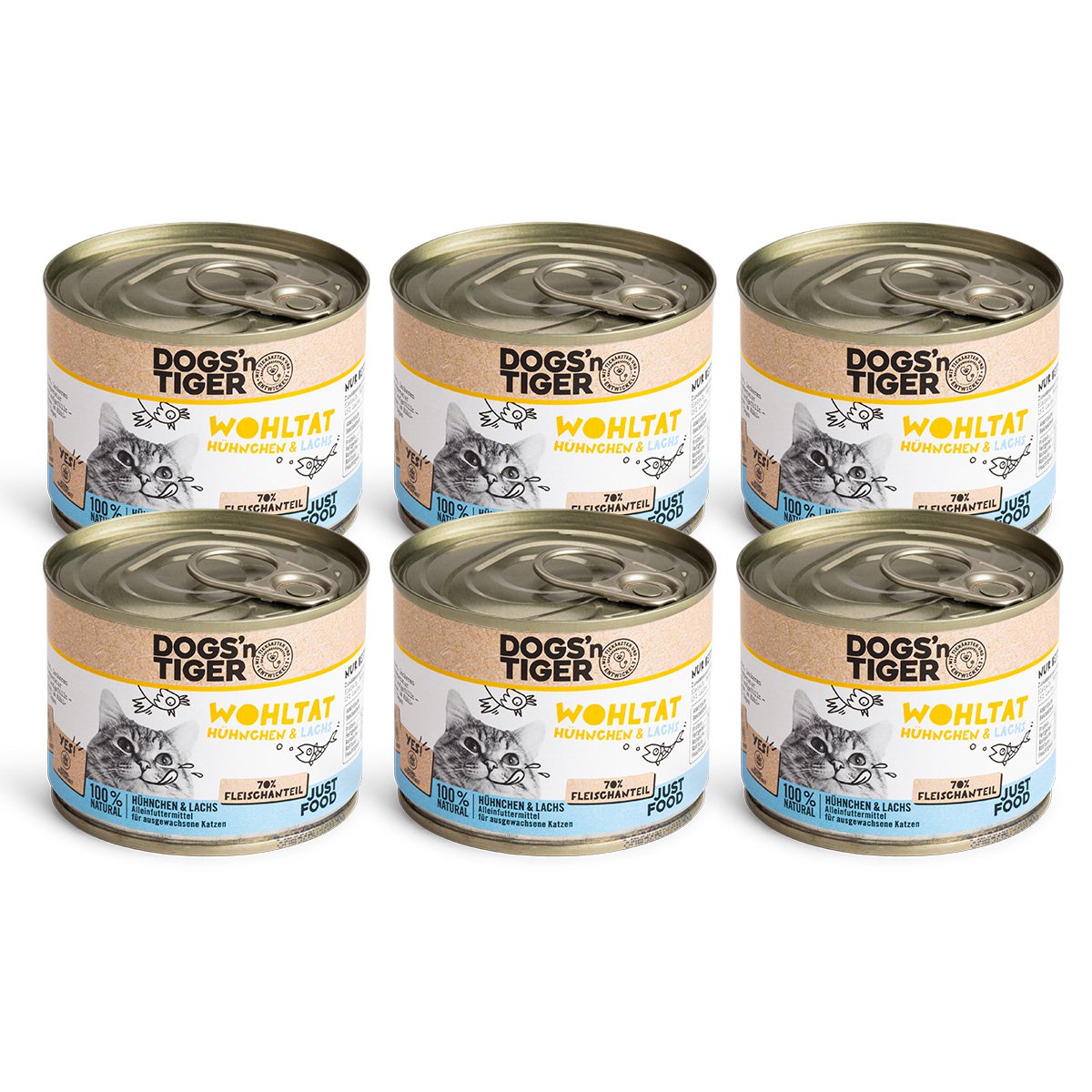 Dogs’n Tiger Adult Premium Katzenfutter, Wohltat, Nassfutter, Getreidefrei, Huhn & Lachs
