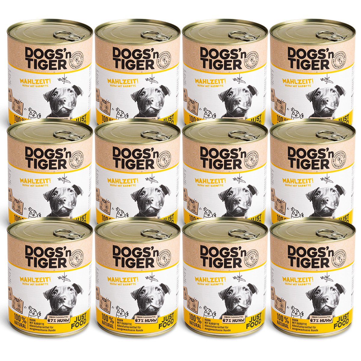 Dogs’n Tiger Adult Premium Hundefutter, Nassfutter, Getreidefrei, Mahlzeit, Huhn & Karotte