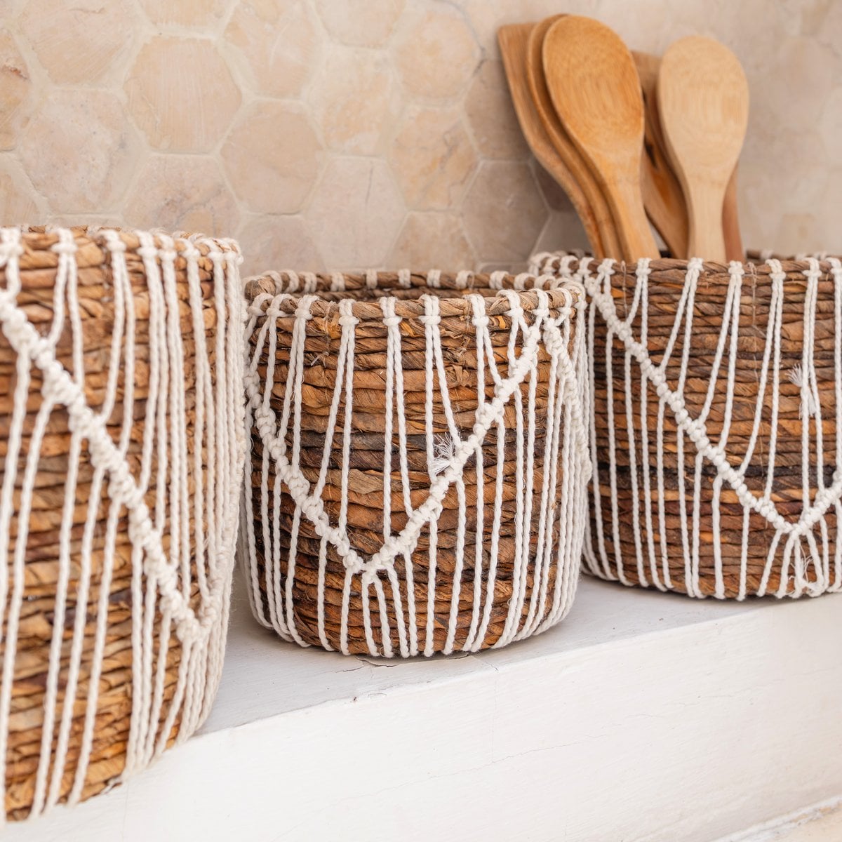 Kleiner Boho-Korb aus Seegras – Runder Pflanzen- und Blumenkorb