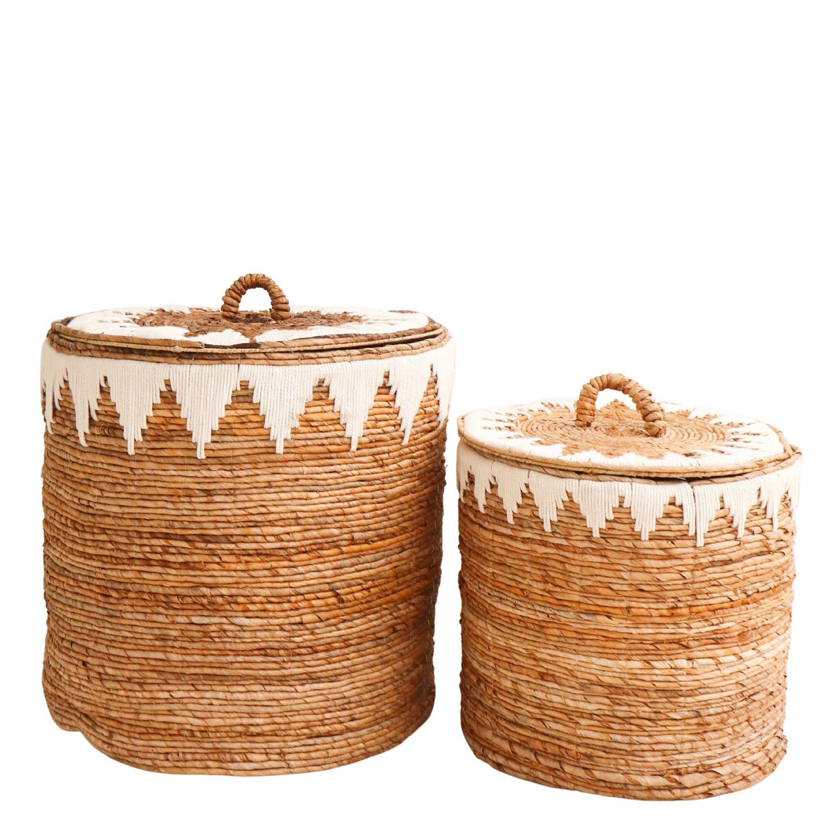 Cesto Grande para Ropa Sucia de Fibra de Plátano con Tapa – Cesta Decorativa Tejida a Mano con Macramé de Algodón (2 Tamaños)