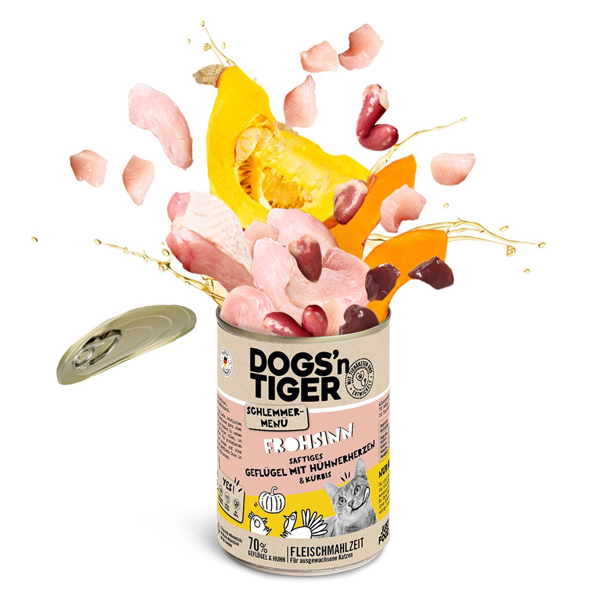 Dogs’n Tiger Adult, Katzenfutter, Frohsinn, Katzen Nassfutter, Getreidefrei, Geflügel & Kürbis