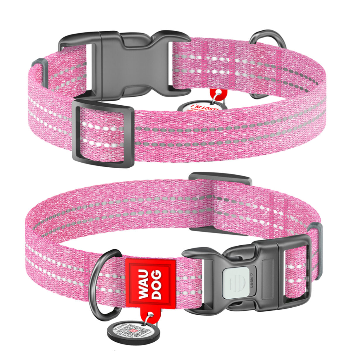 WAUDOG Re-cotton Reflective Dog Collar with QR Passport - Pink