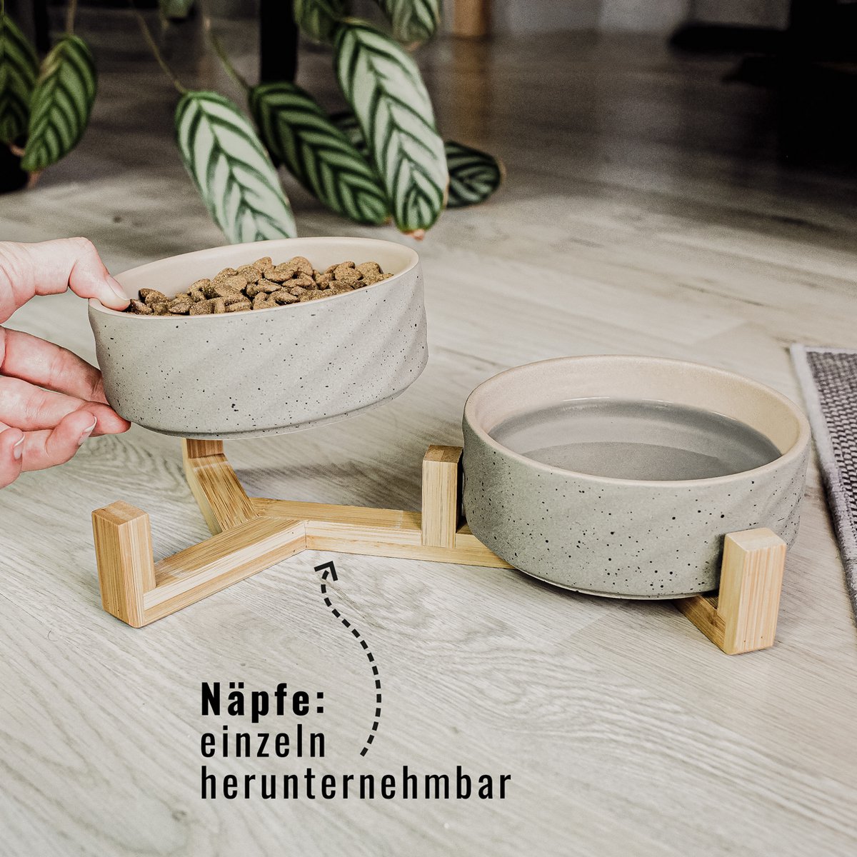 Ceramic double -food bowl with bamboo tap i 2er
