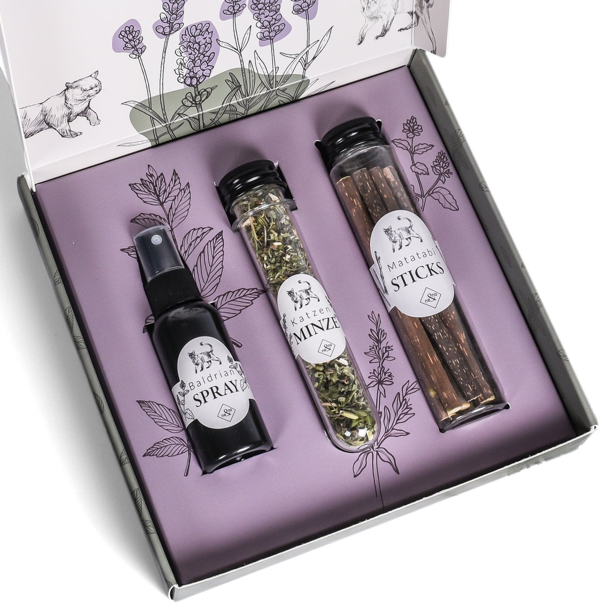 Juego de regalo de bienestar para gatos – Hierba gatera, spray de valeriana y palitos de matatabi