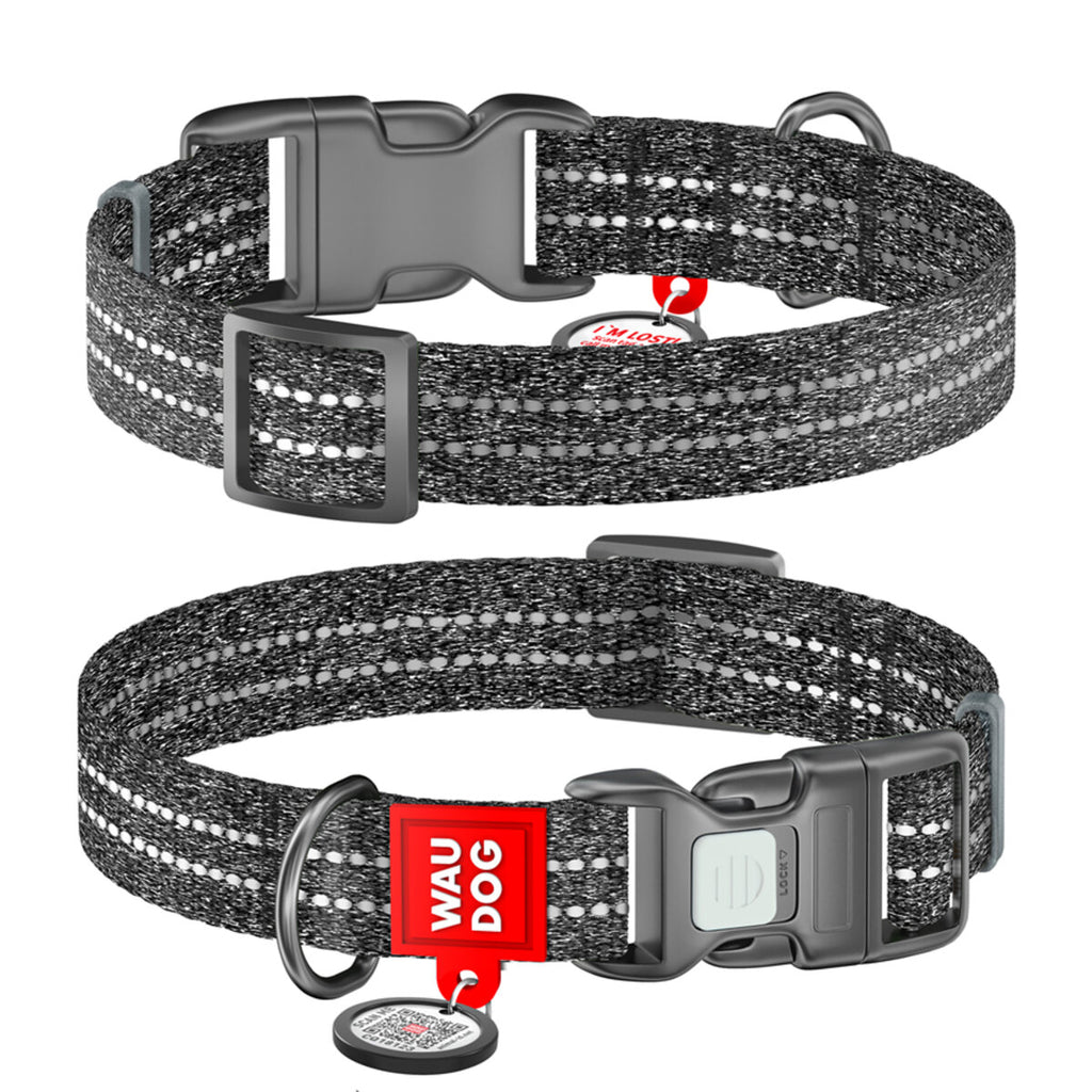 WAUDOG Re-cotton Reflective Dog Collar with QR Passport - Grey