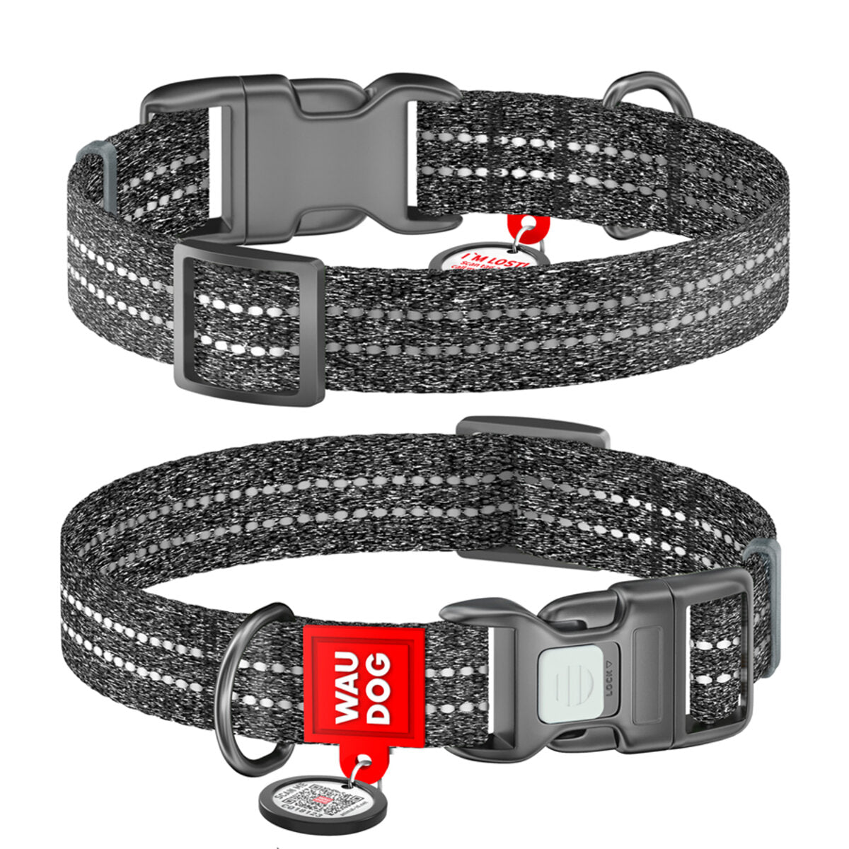 WAUDOG Re-cotton Reflective Dog Collar with QR Passport - Grey