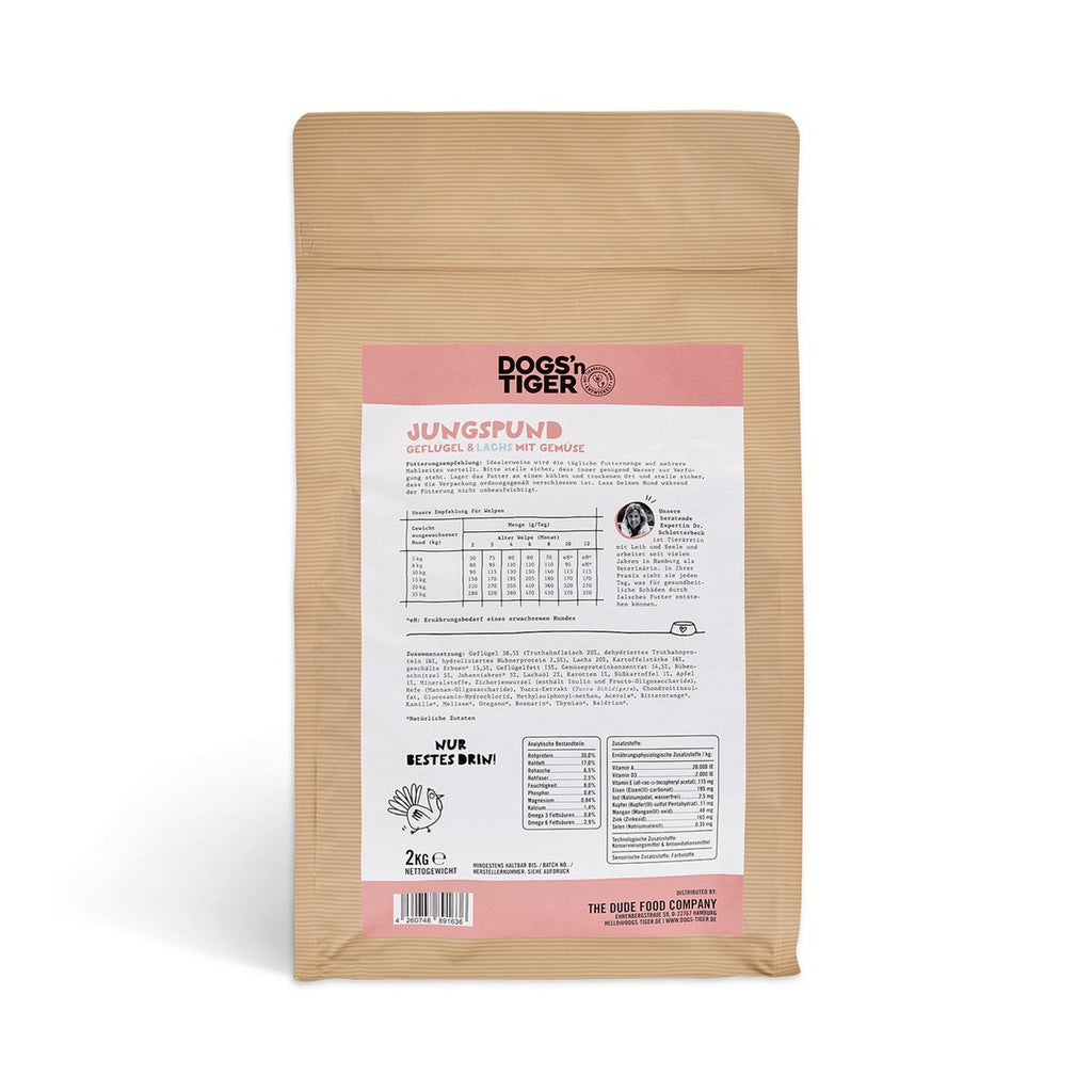 Dogs’n Tiger Junior Premium Hunde Futter, Jungspund, Welpen Trockenfutter, Getreidefrei, Lachs & Truthahn