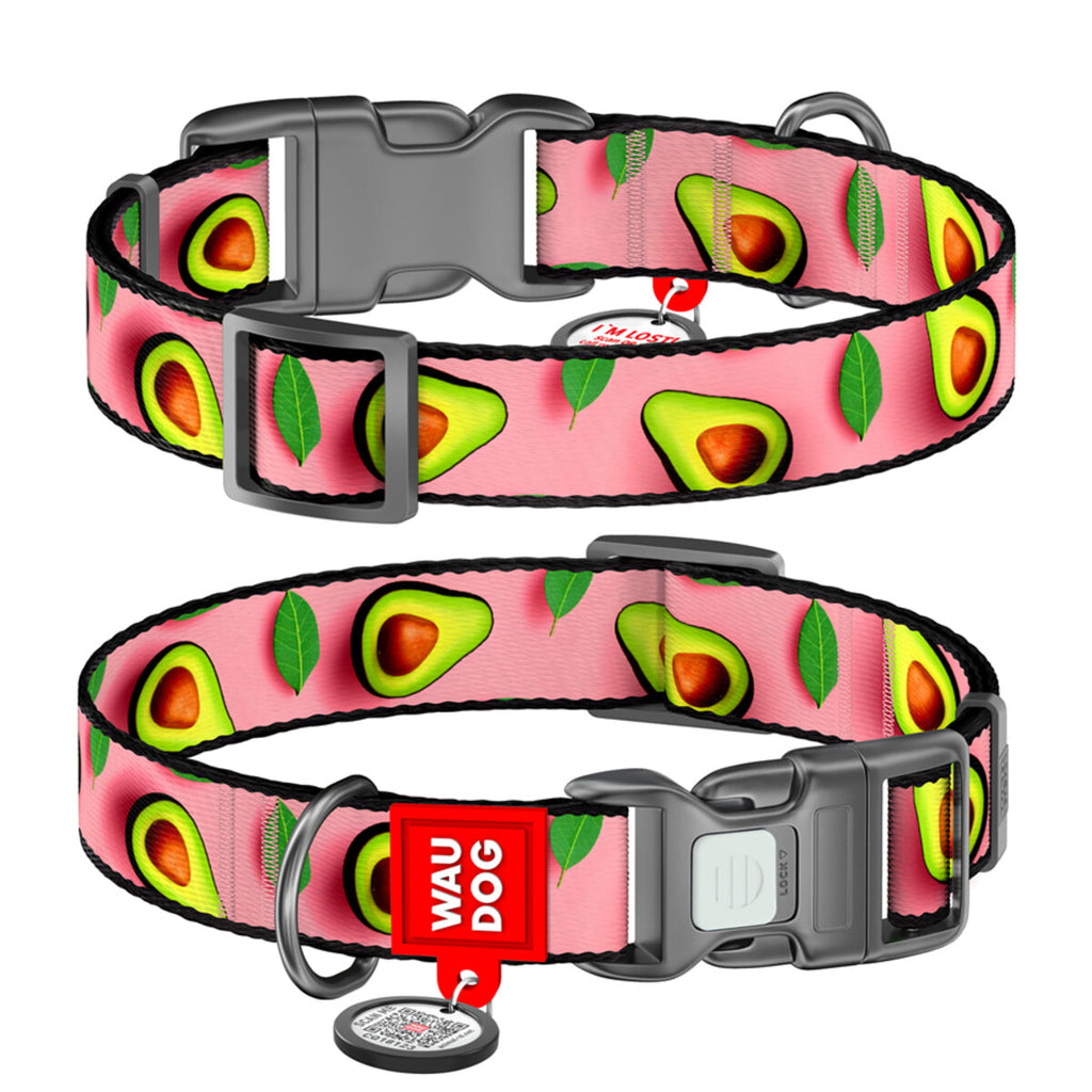 WAUDOG Nylon Dog Collar with QR Passport - Avocado on pink
