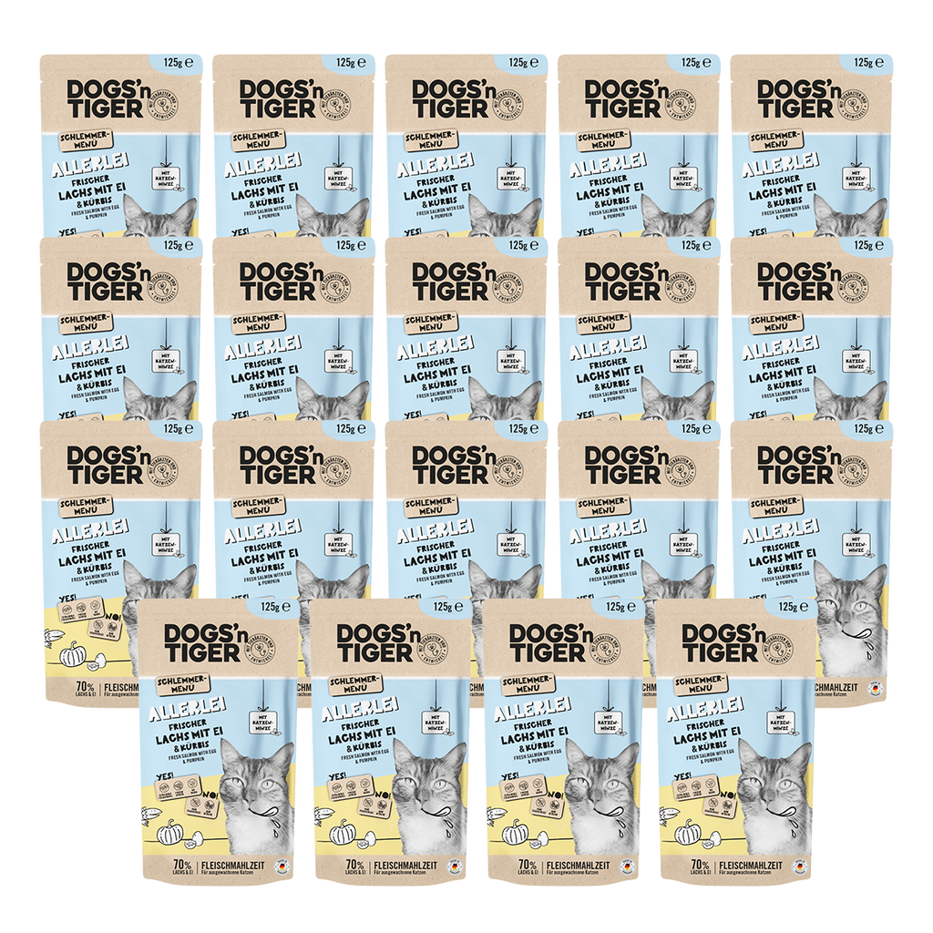 Adult Katzenfutter, Allerlei, Nassfutter für Katzen, Getreidefrei, Lachs mit Ei & Kürbis