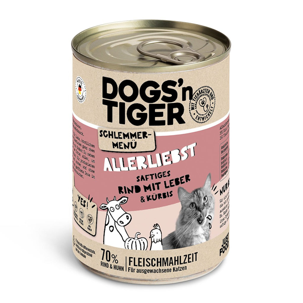 Dogs’n Tiger Adult Katzenfutter, Allerliebst, Nassfutter, Getreidefrei, Rind, Hühnerleber & Kürbis